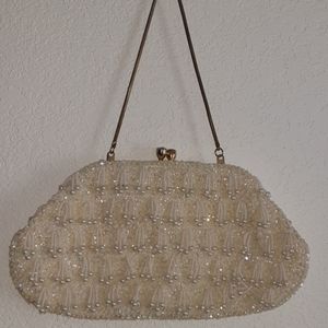 Handmade cream colored beaded evening bag
